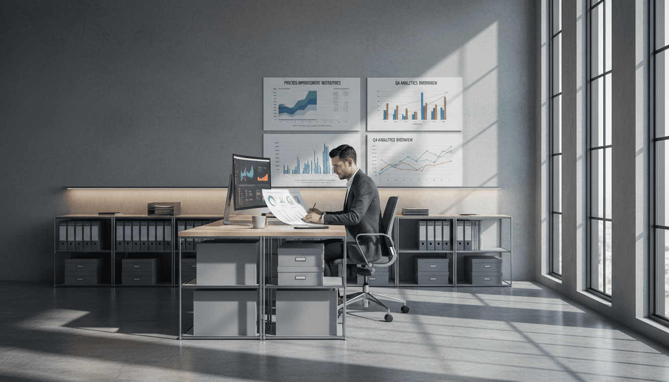 Professional reviewing operational efficiency documents at organized desk