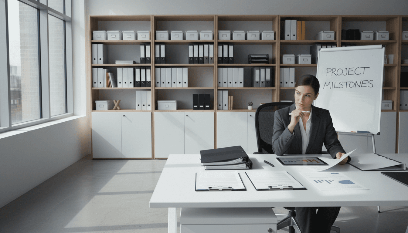 Organized office workspace with structured operational systems and materials management