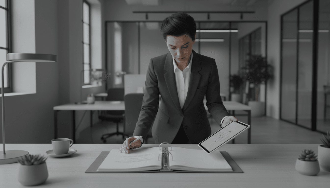 Business consultant reviewing operational documents